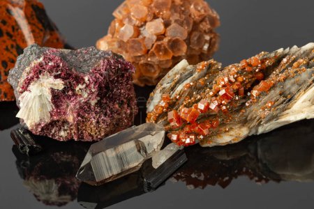 Photo for Close up photo of the Group of Stones and Minerals including Vanadinite on Barite, Aragonite Sputnik, Erythrite Crystals on Reflective Surface - Royalty Free Image