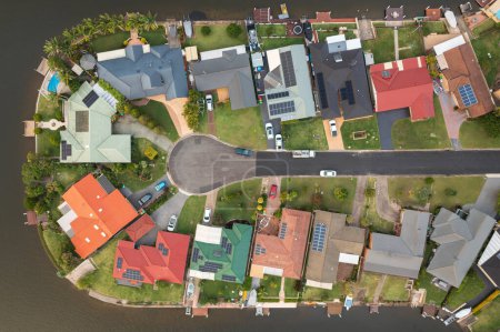 Photo for Aerial roof top view of waterfront houses at the coastal town of Forster, NSW, Australia - Royalty Free Image