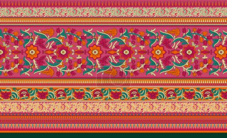 es ist eine einzigartige digitale traditionelle geometrische ethnische Grenze, Blumenblätter barocke Muster und Mogulkunst Elemente, abstrakte Textur Motiv und Vintage Ornament Kunstwerk Kombination für Textildruck.