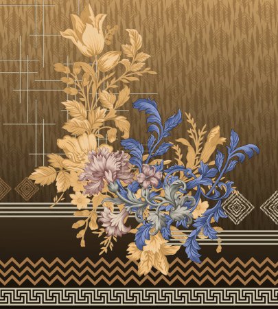 es un borde étnico geométrico tradicional digital único, hojas florales patrón barroco y elementos de arte mogol, motivo de textura abstracta y ornamento vintage combinación de obras de arte para la impresión textil.