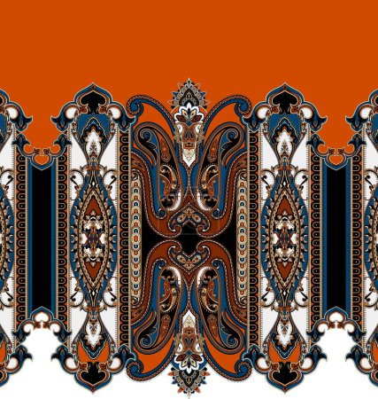 es un borde étnico geométrico tradicional digital único, hojas florales patrón barroco y elementos de arte mogol, motivo de textura abstracta y ornamento vintage combinación de obras de arte para la impresión textil.