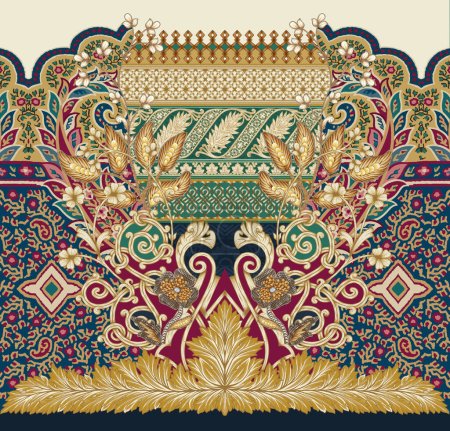 Photo for It's a unique digital Traditional Geometric Ethnic border, floral leaves baroque pattern and Mughal art elements, Abstract texture motif, and vintage Ornament artwork combination for textile printing. - Royalty Free Image