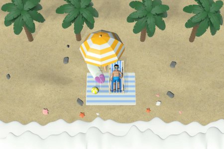 3D graphic of a man relaxing under a beach parasol on a sunbed