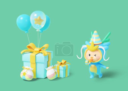3D vector dragon character playing a flute with a gift box and balloons