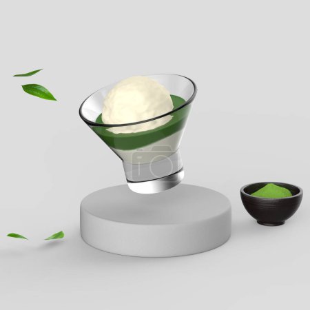 3D-Getränkekonzept eines Matcha Affogato mit Matcha-Blättern und Matcha-Pulver