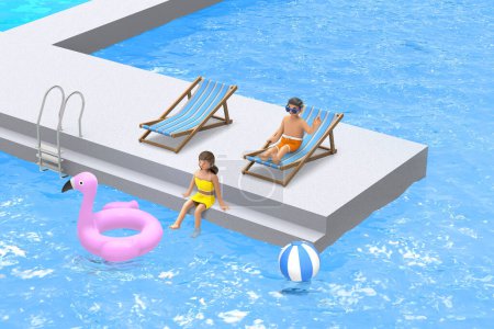 3D summer concept of couple splashing in the pool with a view of the ocean