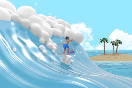 3D young man character surfing in large waves