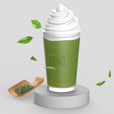 3D-Getränkekonzept von Matcha Frappuccino mit Schlagsahne und Matcha-Blättern
