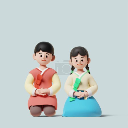 Saludo navideño, Niños sentados en algún lugar en hanbok Imagen gráfica 3D