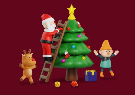 surprise santa claus of decorating a christmas tree 3d character object graphic