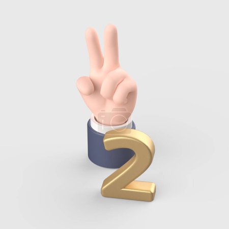 Hand-3D-Objekt, das Zahlen mit zwei Fingern darstellt
