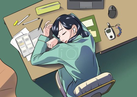 Eine Frau, die auf einem Schreibtisch schläft