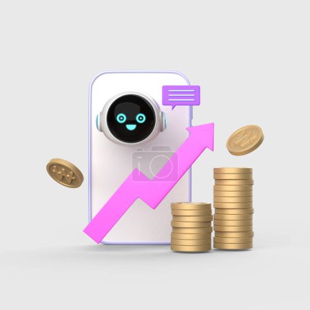KI-Roboter für Mobiltelefone und 3D-Objekt mit aufsteigenden Pfeilen und gestapelten Münzen