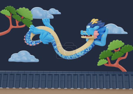 Blue dragon floating on a tiled roof between trees and clouds