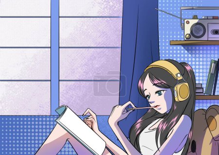 A woman who is lost in her thoughts while listening to music with a headset on