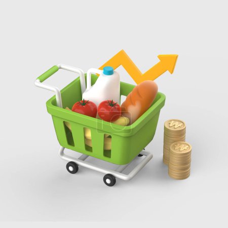 Objeto 3D junto a un carrito de compras que contiene artículos para el hogar flechas ascendentes de alimentos