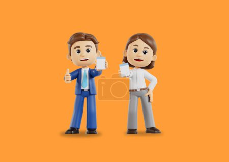 3d graphics for young men and women who are happy to get a job with an employee ID card