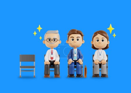 3d graphics of office workers sitting in chairs with a confident expression