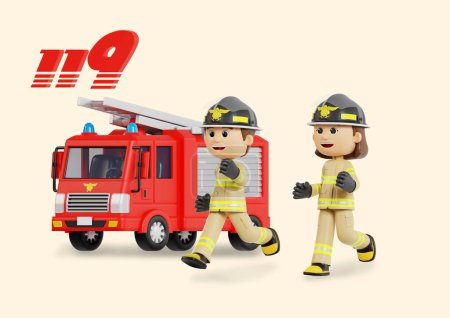 3d graphics of fire truck and firefighters being reported and dispatched