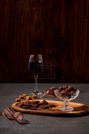 sweet homemade chocolate and wine close-up view