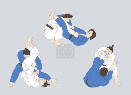 Illustration de peinture humoristique de l'exercice populaire coréen avec jiu jitsu