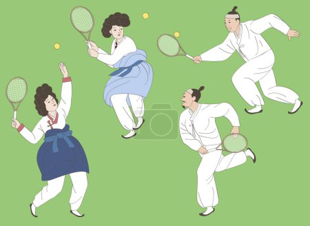 humorous painting illustration of Korean folk exercising with treadmill