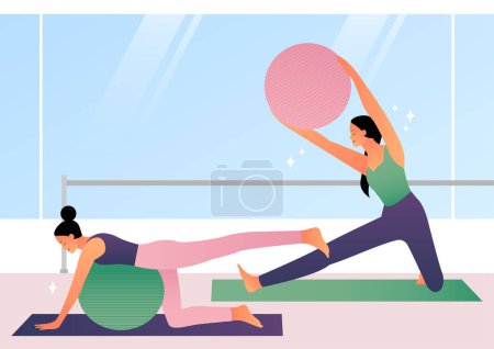 fun exercise and health hobbies, people with yoga ball vector illustration