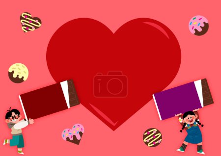 Hintergrund mit glücklichen Paarcharakteren mit Valentinstag-Objekten und Zeichnungen Vektor-Illustration