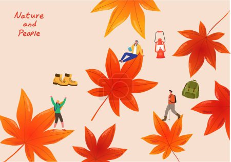 autumn leaves background with small people climbing mountains vector illustration