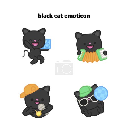 Illustration eines schwarzen Katzencharakters, der eine Party mit Musik genießt