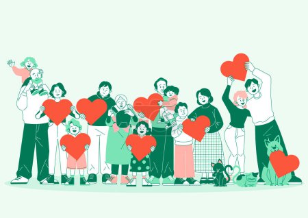 Families of various races, the elderly, the young, the pets, and the children are standing with a heart and a smile