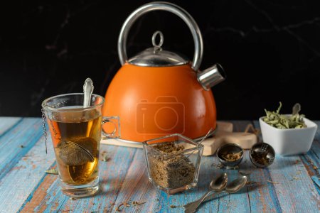 Preparation of chamomile and lemon verbena tea.