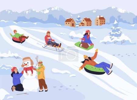 Happy kids enjoying winter and snow, sliding down slope on sleds and snow tubing on winter holidays, making snowman. Active characters on snowy hills. Flat vector illustration for childhood, winter