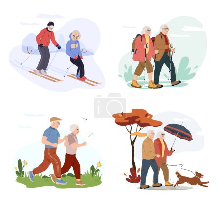 Ältere Paare verbringen die Zeit im Freien zu unterschiedlichen Jahreszeiten. Aktiver Ruhestand. Cartoon glückliche ältere Männer und Frauen genießen körperliche Aktivität im Freien. Vektorflache Illustration isoliert auf Weiß
