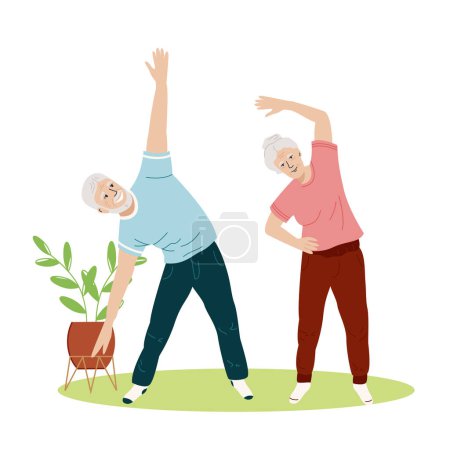 Ältere Paare machen Gymnastikübungen zu Hause Aktive Männer und Frauen genießen gemeinsam Sport und einen gesunden Lebensstil. Aktiver Ruhestand. Vektorflache Illustration