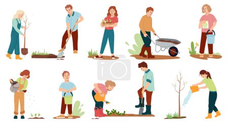 Set of kids gardening vector illustration set. Garden work collection with happy friends children characters for environment protection, nature care, volunteering, education concepts. Youth work together for a better environment.