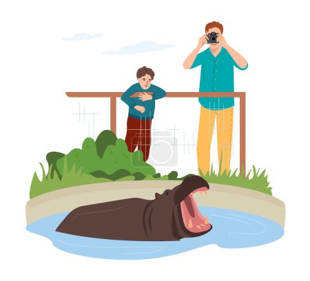 Ilustración de Lindo niño pasar el día visitando Zoo con la familia. El niño mira al hipopótamo y papá toma una foto de un hipopótamo. Ilustración vectorial de dibujos animados en estilo plano. - Imagen libre de derechos