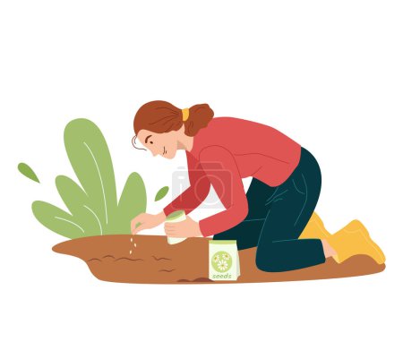 Cute young woman sowing seeds of flowers in the garden in the spring. Female gardener grows plant. Vector illustration in flat style isolated on white.