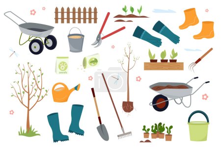 Ein Satz Werkzeuge für den Garten. Vektor-Illustration von Gartenelementen: Schaufel, Harke, Schubkarren, Pflanzen, Bewässerung, Gras, Gartenhandschuhe, Wagen und Bäume. Gartenbaukonzept