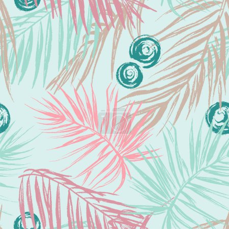 Ilustración de Patrón tropical sin costuras con hojas de textura de palma. Ilustración vectorial en colores rosa y verde de moda. - Imagen libre de derechos