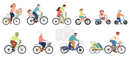Téléchargez les illustrations : Collection de personnes à vélo. Ensemble de la famille : homme, femme, enfants, grand-père et grand-mère sur des vélos de différents types avec sièges pour enfants, remorques, vélos d'équilibre, avec roues supplémentaires - en licence libre de droit