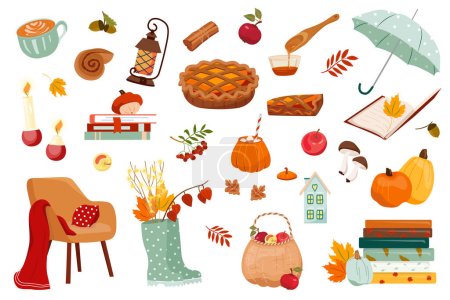 Autumn season set of elements: rubber boots, falling leaves, cozy food. Collection of Thanksgiving elements for scrapbooks, cards, poster. Bright vector illustration for harvesting pumpkin season