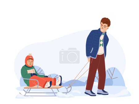 Illustration for Father rides his son on a sleigh on the snow. New Year, Christmas holidays active and fun spending time together. Winter fun vector illustration in cartoon style isolated on white - Royalty Free Image