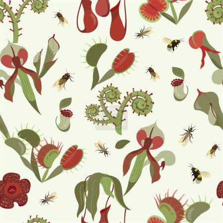 Illustration for Beautifull tropical seamless pattern with carnivorous plants and insects. Summer print with unusual exotic Rafflesia, Nepenthes, Venus flytrap. Vector floral design with rare wild flowers and fly. - Royalty Free Image