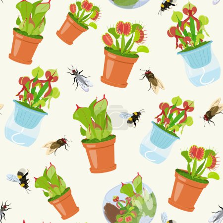 Illustration for Beautifull tropical seamless pattern with carnivorous plants in pots and insects. Summer print with unusual exotic Rafflesia Nepenthes Venus flytrap Vector floral design with rare wild flowers and fly. - Royalty Free Image