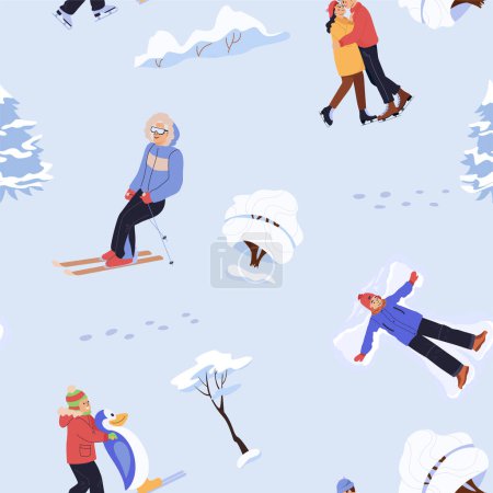 Illustration for Winter holiday activities seamless pattern. Design of repeatable background with people walking outdoor, december holidays and winters snow fun. Xmas winter sport gift wrapping vector illustration. - Royalty Free Image