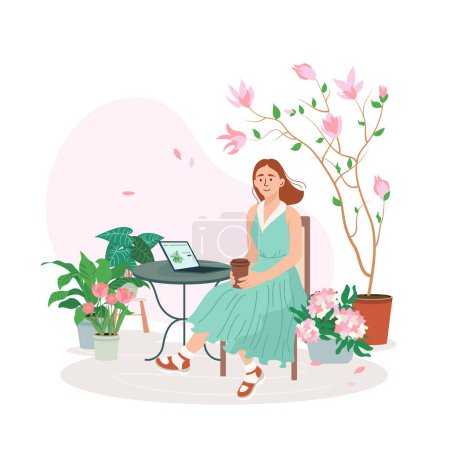 Young girl sitting at a table and drinking a coffee, tropical plants and blossom flowers are around. Spring vector illustration excellent for the design of postcards, posters, stickers and so on