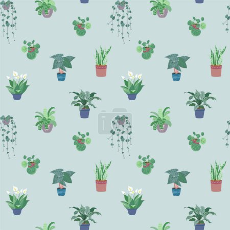 Decorative home plants in pots seamless pattern. Texture of Green potted indoor houseplants in interior. Home jungle cartoon style print. Trendy vector background. Boho home plants design illustration