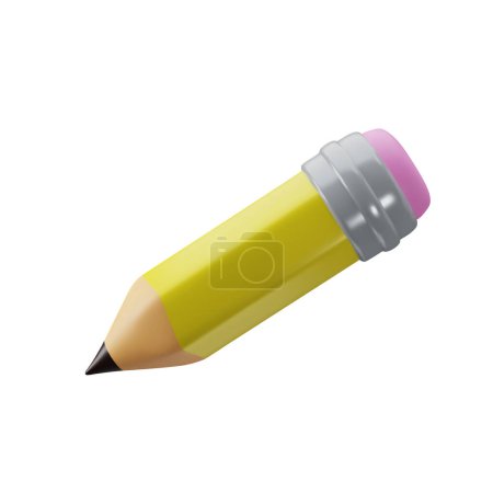 Illustration for Vector short yellow 3d cartoon pencil with rubber icon. Volumetric wooden object for writing and drawing. Embedded pink eraser for deleting errors. Stationery tool with sharpened lead for creative art - Royalty Free Image