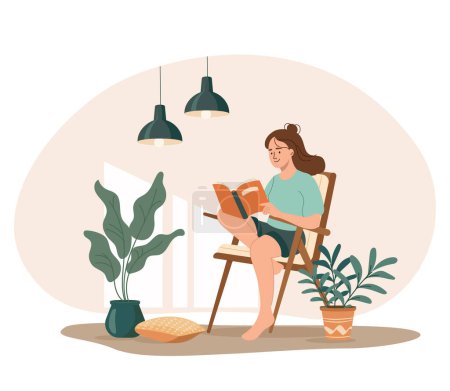 Relaxed girl comfortable sitting on the modern chair and reading book surrounded by plant. Personal space concept. Selftime. Indoor garden, cozy interior design. Flat vector illustration isolated on